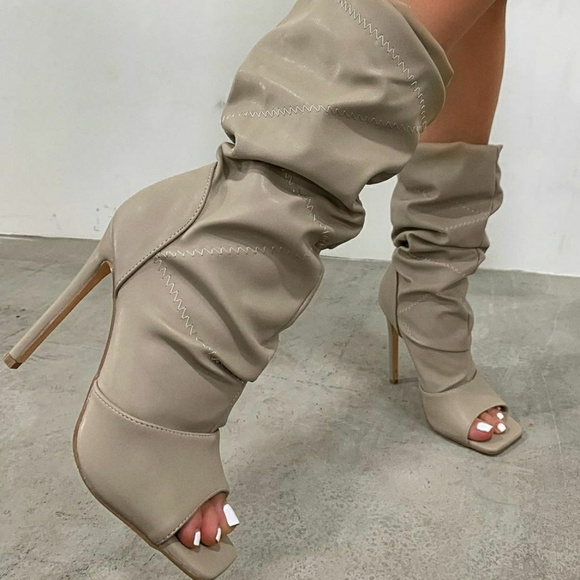 Nude Ruched Peep Toe Boots Size 11 - Picture 1 of 7